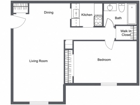 Floor plan for 1 bed, 1 bath, 720 sqft